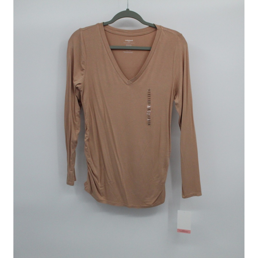 Motherhood Maternity V-Neck Long Sleeve Ruched Side Top Tan Small NWT